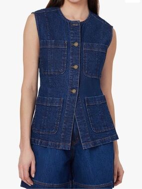 Habitual Collarless Denim Sleeveless Utility Vest in Deep River size XS NWT